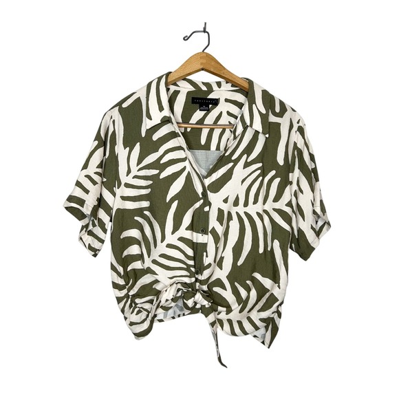 Sanctuary Tops - Sanctuary Womens Neutral Olive Green Tropical Palm Print Button Front Top XL